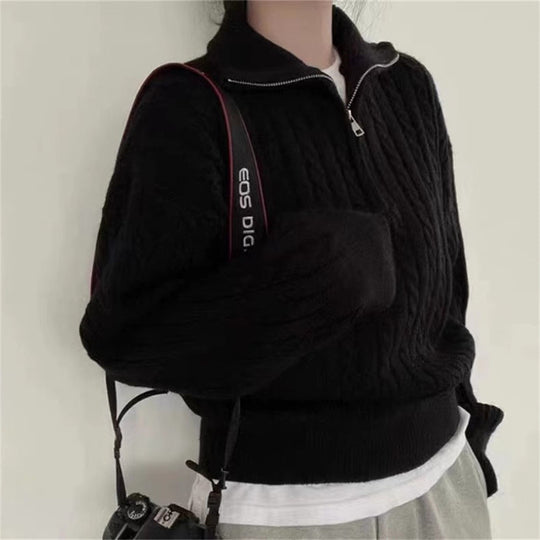 Damen kuscheliger Strickpullover mit hochschließendem Kragen und Zipper EB