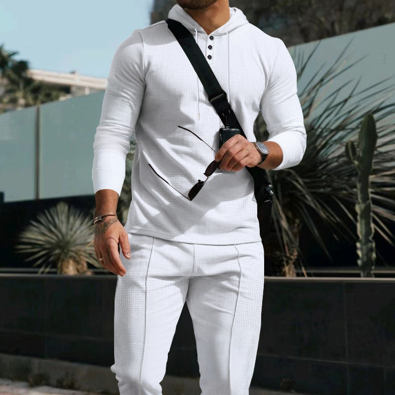 Herren nan figurnahes Kapuzen-Knopfleisten-Set aus strukturiertem Stretchjersey mit schmaler Chino-Jogger EB