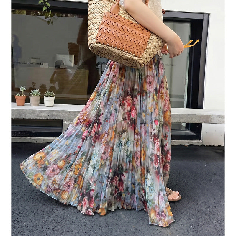 Damen  fein gefalteter Midirock mit Vintage Blumenprint und elastischem Taillenbund EB