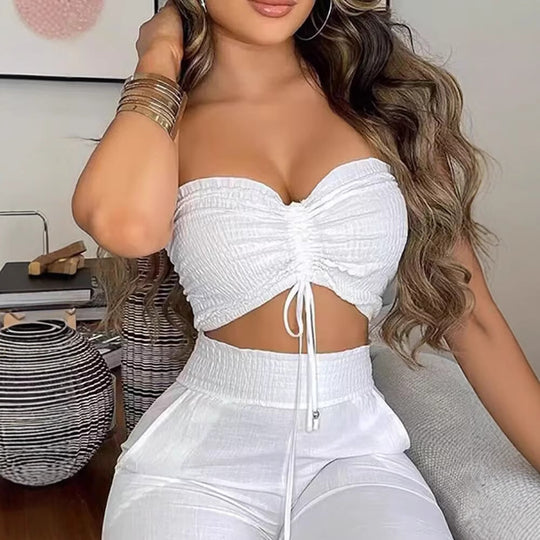 Damen Zweiteiliges Outfit aus leichtem Material mit verstellbarem Crop-Top und High-Waist-Hose EB