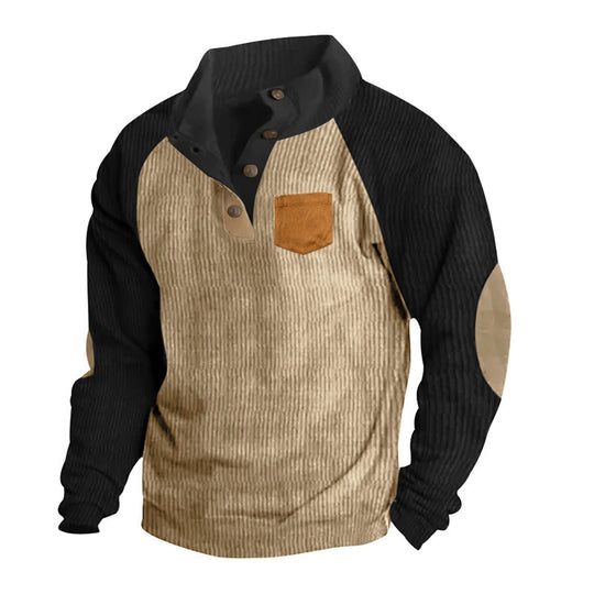 Herren Geripptes Henley‑Pullover mit Raglanärmeln, Ellenbogen‑Patches & Brusttasche EB