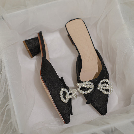 Damen elegante Mules mit perlenverziertem Schleifendetail EB