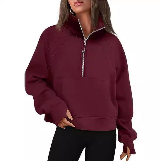 Damen kuscheliger Half-Zip Pullover mit Kapuze und Kängurutasche EB