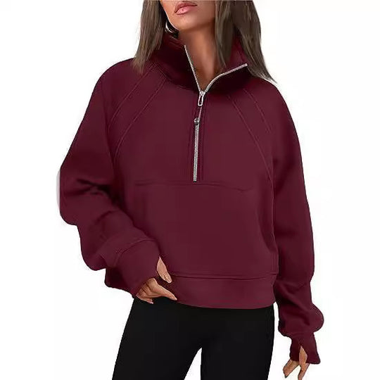 Damen kuscheliger Half-Zip Pullover mit Kapuze und Kängurutasche EB