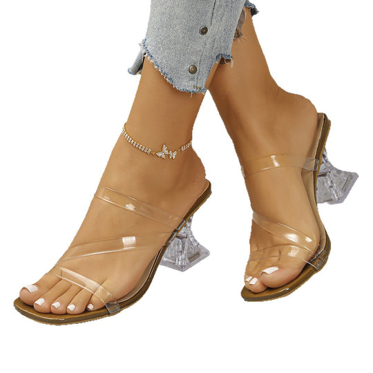 Damen elegante Sling-Sandalen mit transparenten Riemen und blockförmigem Absatz EB