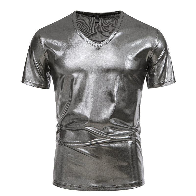 Herren V-Ausschnitt T-Shirt aus glänzendem Material mit persönlichem Stil EB
