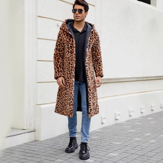 Herren Eleganter Kunstfellmantel mit Leopardenmuster EB