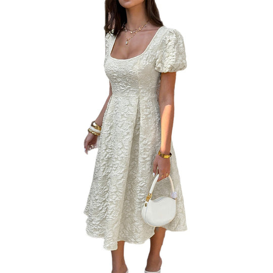 Damen Midi-Kleid mit Puffärmeln und detailliertem Strukturdesign EB
