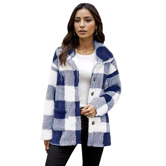 Damen Kuschelige Karojacke mit Druckknopfverschluss und Seitentaschen EB