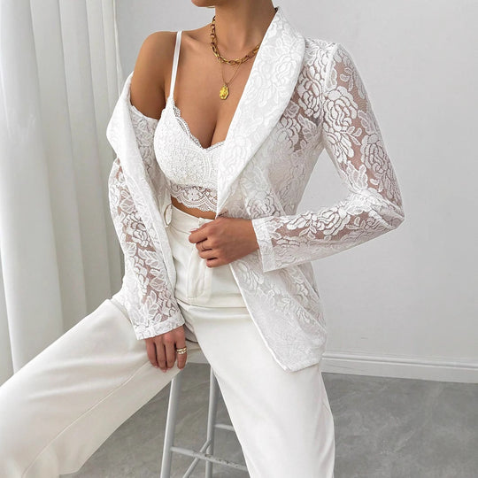 Damen nan Spitzenblazer mit Schalkragen und floraler Transparenz EB