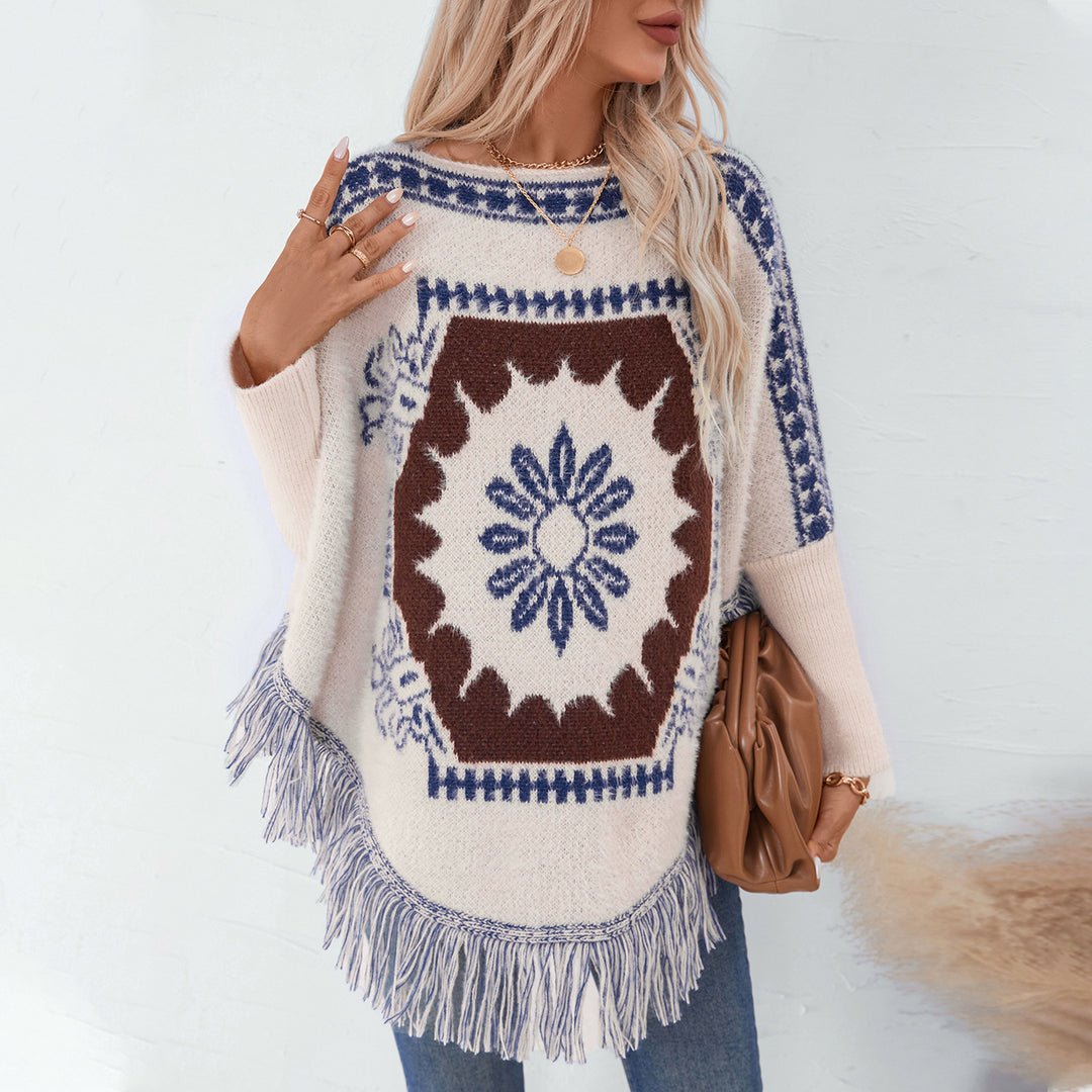 Damen eleganter Strickponcho mit kunstvollem Muster und fransigem Abschluss EB