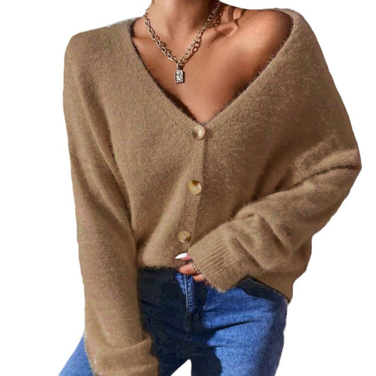 Damen Flauschiger Strick-Cardigan mit goldenen Knöpfen und lässigem Schnitt EB