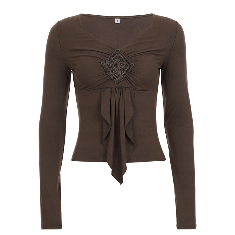 Damen nan figurbetontes Langarmshirt mit Drapé-Vorderteil und gehäkelter Mittelapplikation EB
