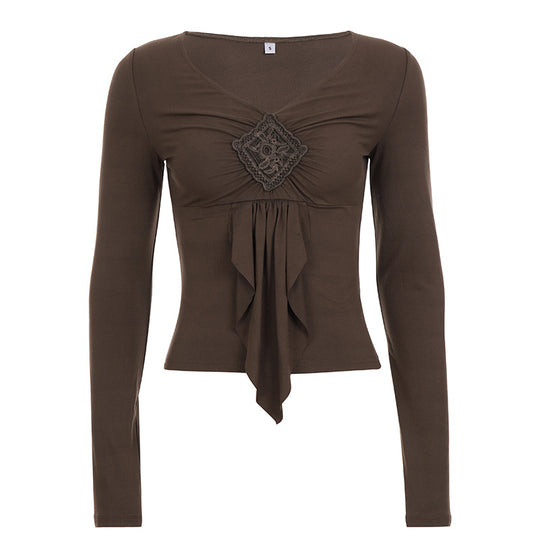 Damen nan figurbetontes Langarmshirt mit Drapé-Vorderteil und gehäkelter Mittelapplikation EB