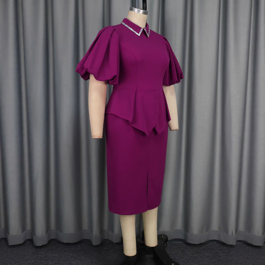 Damen Figurbetontes Peplum Kleid mit Puffärmeln und Glitzerkragen EB