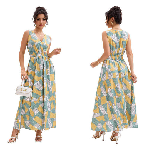 Damen Maxikleid mit tiefem V-Ausschnitt und modischem geometrischen Muster EB