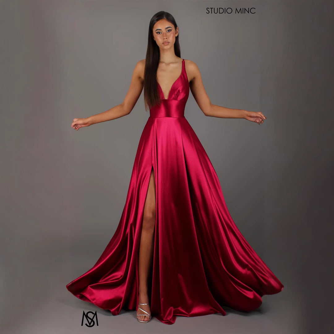 Damen Elegantes Maxikleid mit tiefem V-Ausschnitt und modischem Schlitz EB