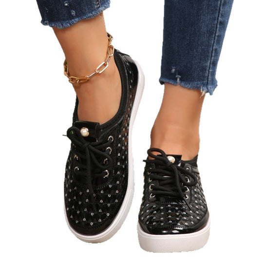 Damen modische Sneakers mit glitzernden Pailletten und präziser Schnürung EB