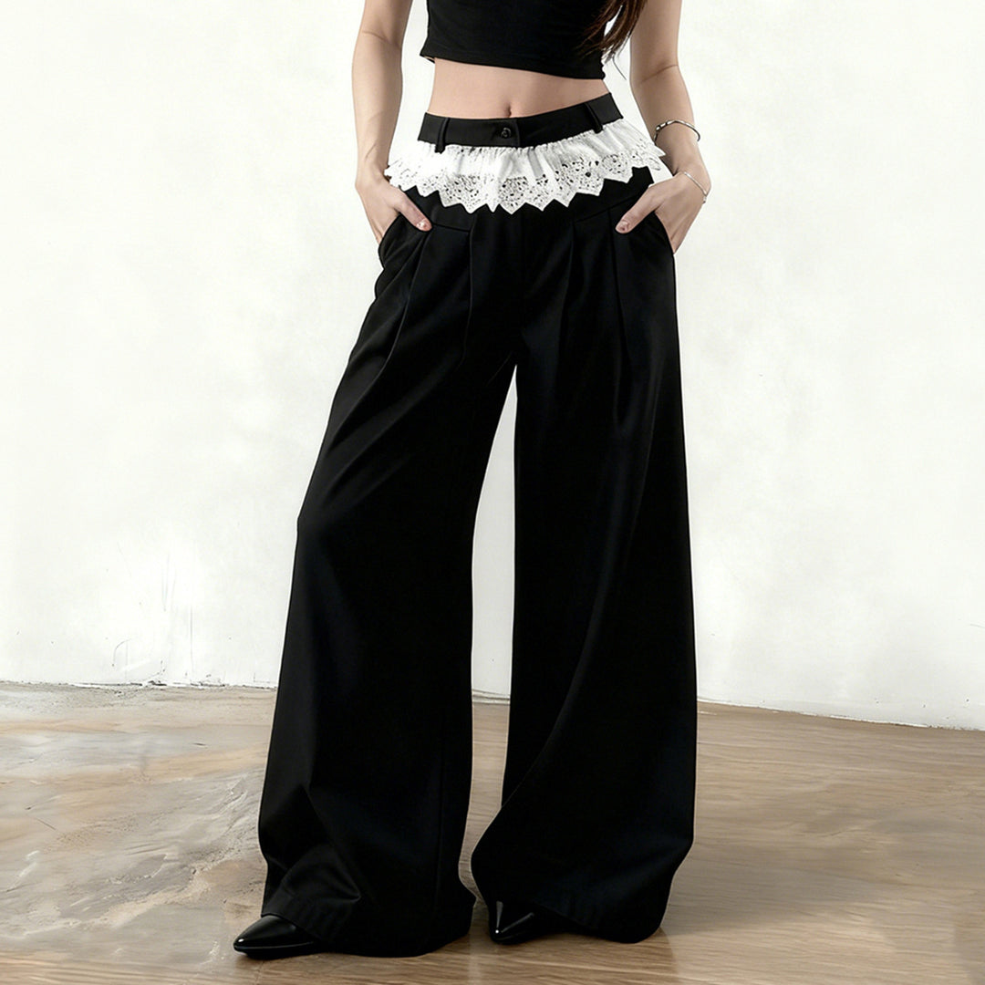 Damen Elegante weite High-Waist-Hose mit Spitzenbesatz EB