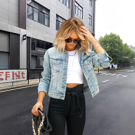 Damen taillierte Denim-Jacke mit klassischen Details EB
