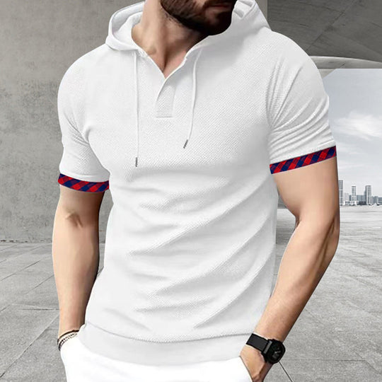 Herren nan schmal geschnittenes Kurzarm-Kapuzenshirt im Polostil mit Henley-Ausschnitt und karierter Ärmelmanschette EB
