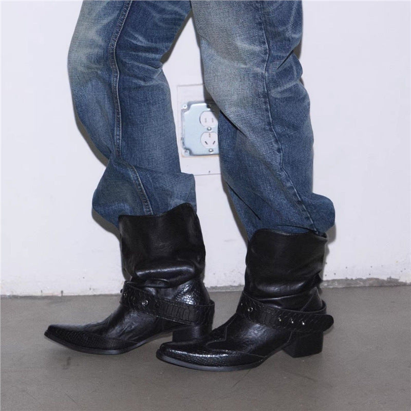 Damen Cowboystiefel mit spitzer Zehenpartie, Schlangenprägung und Nietenriemen EB