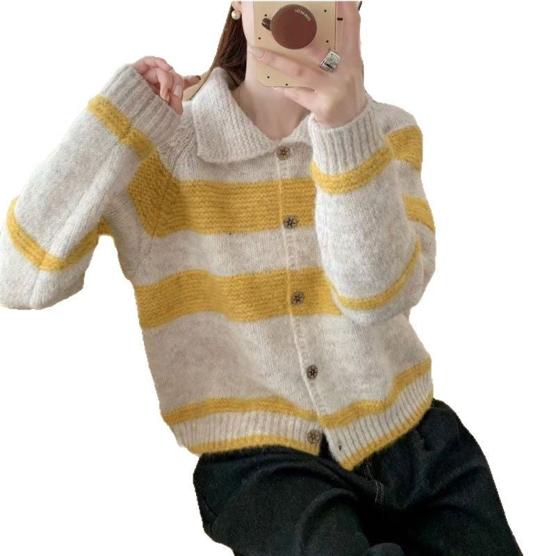 Damen Strickjacke mit dekorativem Kragen und modischen Streifen EB