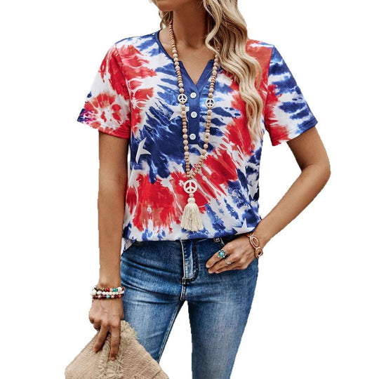 Damen Kurzarm T-Shirt mit knöpfbarem Ausschnitt und verspieltem Batik-Design EB