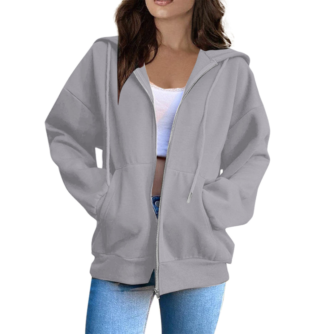 Damen nan lässige Kapuzenjacke mit durchgehendem Reißverschluss, Kängurutaschen und voluminösen Raglanärmeln EB
