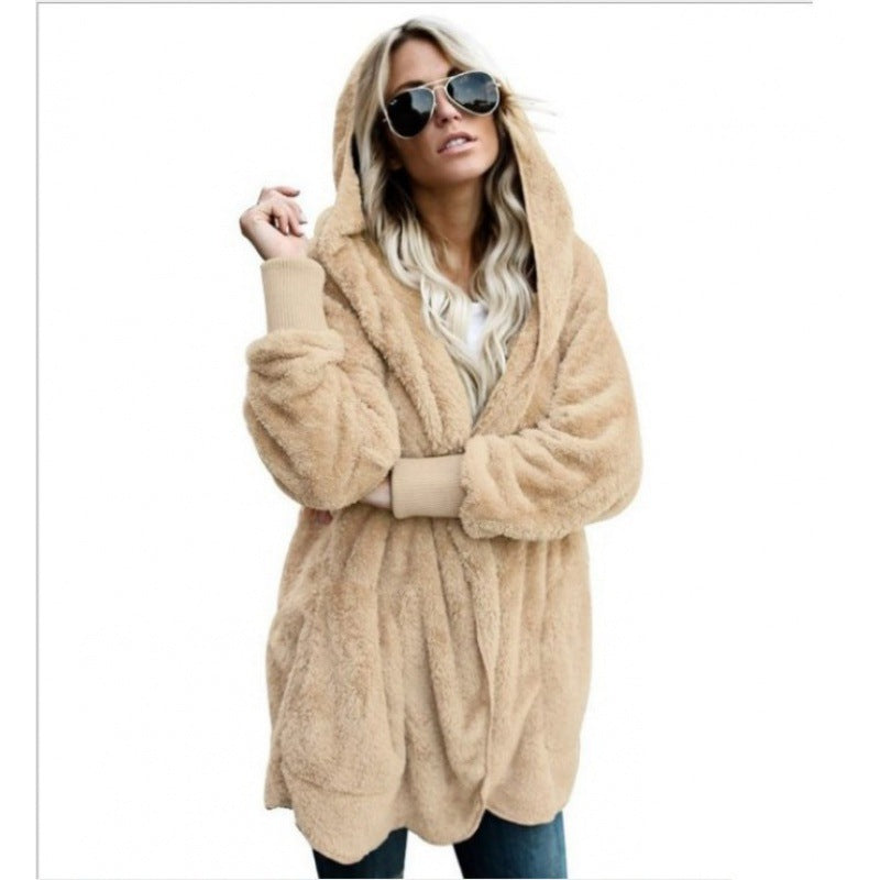 Damen Kuschelige Teddy‑Fleece‑Cardigan mit Kapuze, Oversize‑Schnitt und aufgesetzten Taschen EB