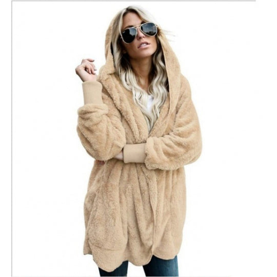 Damen Kuschelige Teddy‑Fleece‑Cardigan mit Kapuze, Oversize‑Schnitt und aufgesetzten Taschen EB
