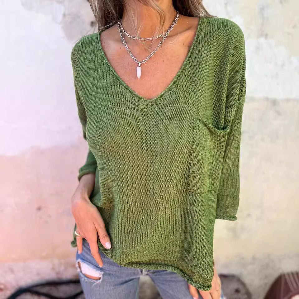 Damen Leichtes und lässiges Strickoberteil mit V-Ausschnitt und Taschen EB