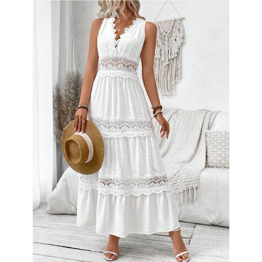 Damen romantisches Maxikleid mit Spitzenapplikationen und punktiertem Design EB