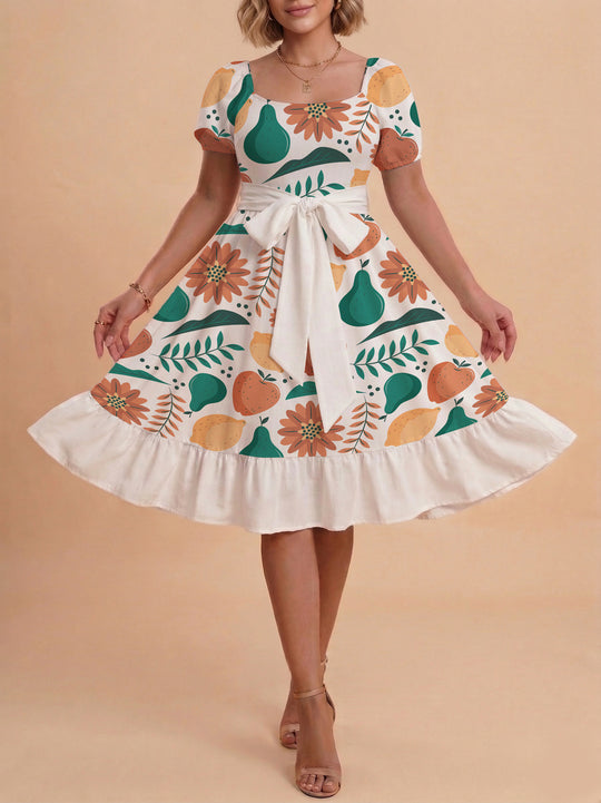 Damen Sommerliches Blumenkleid mit taillierbarem Gürtel und voluminösen Ärmeln EB