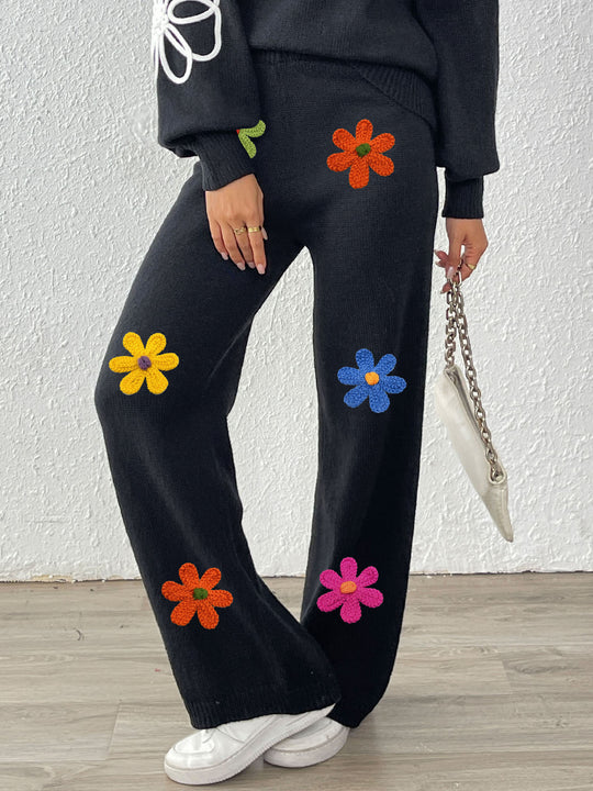 Damen lässige Strickhose mit bunten Blumenapplikationen EB