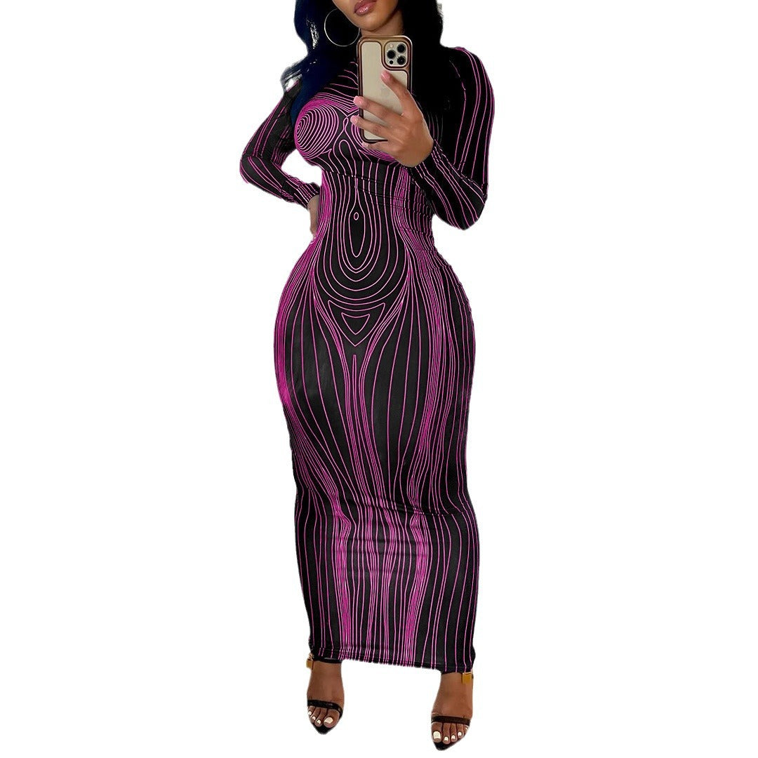 Damen Figurbetontes Langarmkleid mit einzigartiger Linienstruktur EB