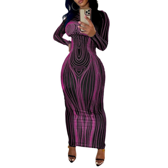 Damen Figurbetontes Langarmkleid mit einzigartiger Linienstruktur EB