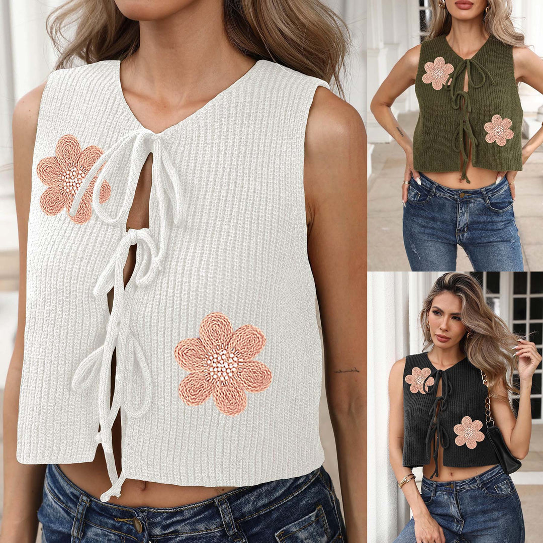 Damen kurzes Stricktop mit Blumenapplikationen EB