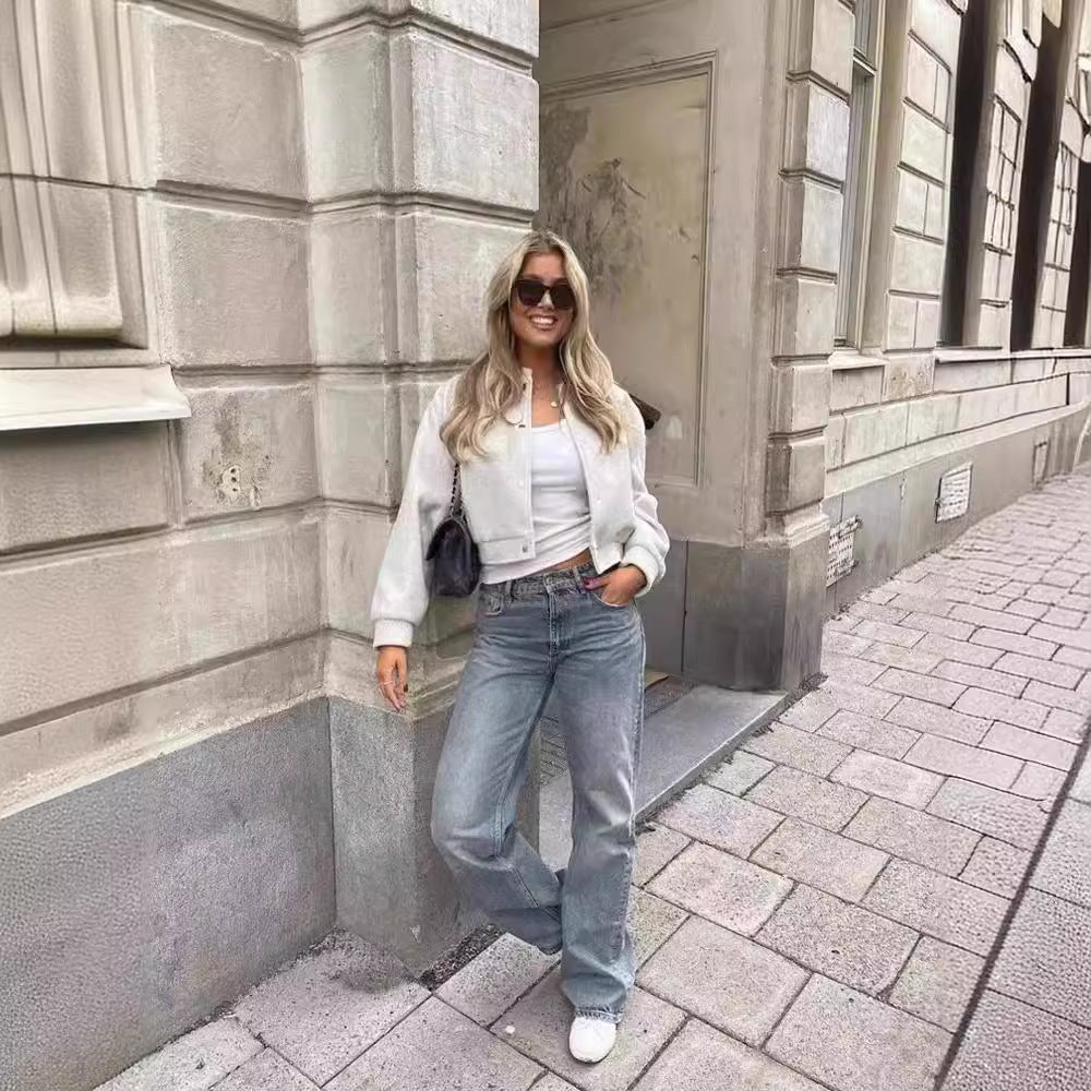 Damen Cropped Jacke mit modernem Stehkragen und Druckknopfverschluss EB