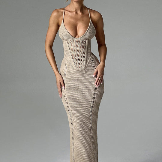 Damen Häkel-Maxikleid mit tiefem V-Ausschnitt und figurbetontem Schnitt EB