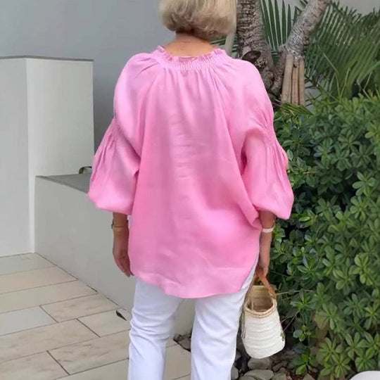 Damen lässige Kleidungsbluse mit Ballonärmeln und Knopfleiste EB