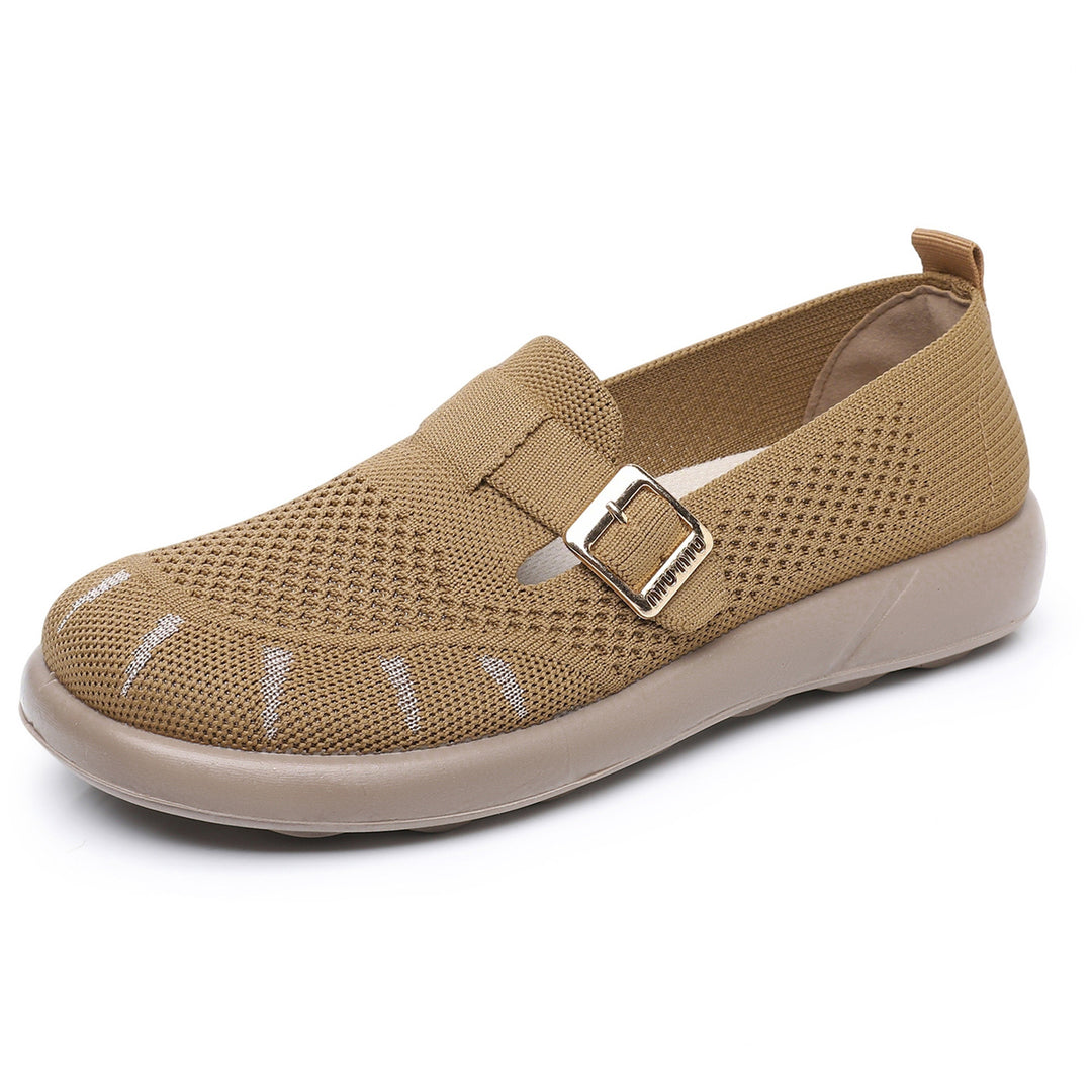 Damen Komfortable Slip-On Schuhe mit flexiblem Strickoberteil und modischem Schnallen-Detail EB