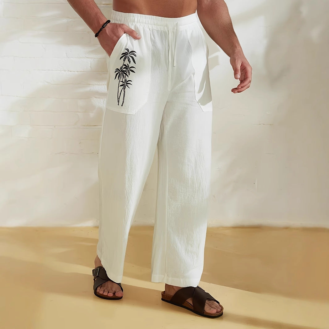 Herren lässige Leinen-Relax-Hose mit palmenmotivierten Taschen EB