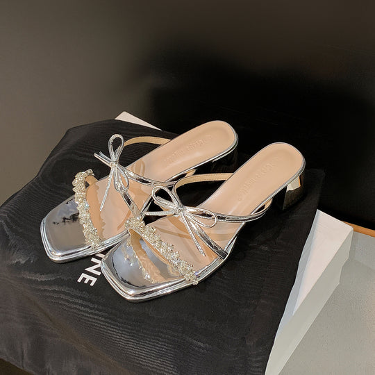 Damen elegante Sandalen mit funkelnder Strass-Applikation und bequemer Blockabsatz EB