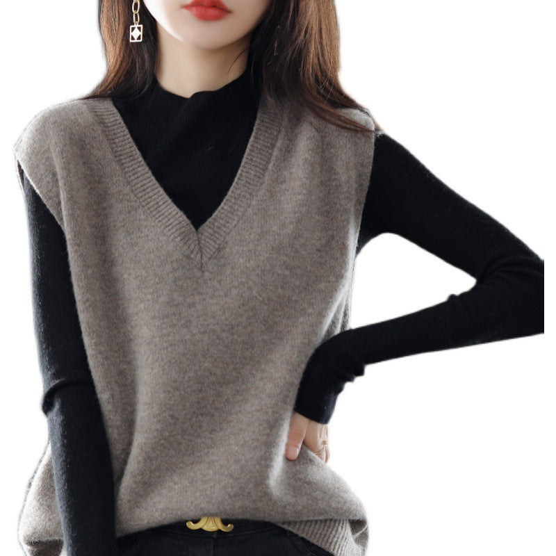 Damen Ärmellose Strickweste mit V-Ausschnitt und Feiner Textur EB