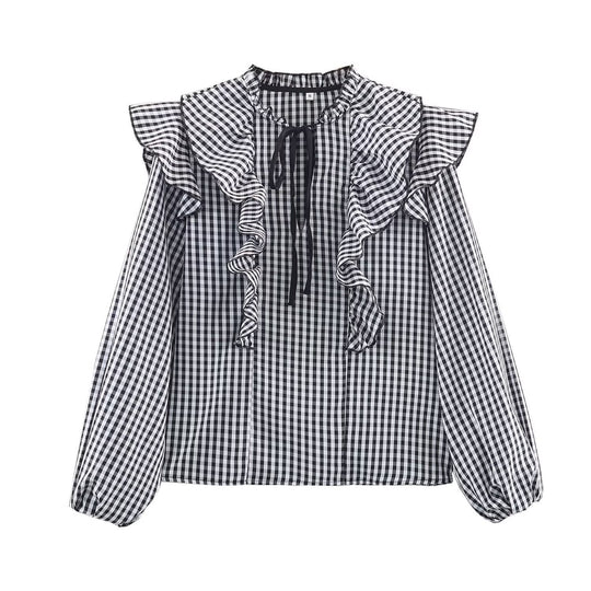 Damen Rüschenshirt mit klassischen Karomuster und eleganten Bindebändern EB