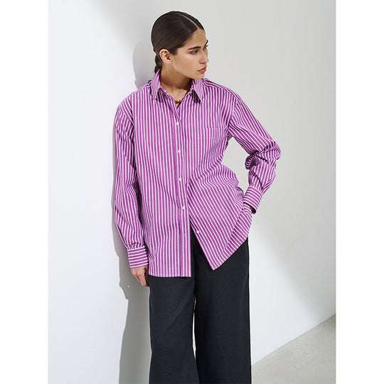 Damen Elegante, gestreifte Bluse mit klassischem Kragen und Taschen EB