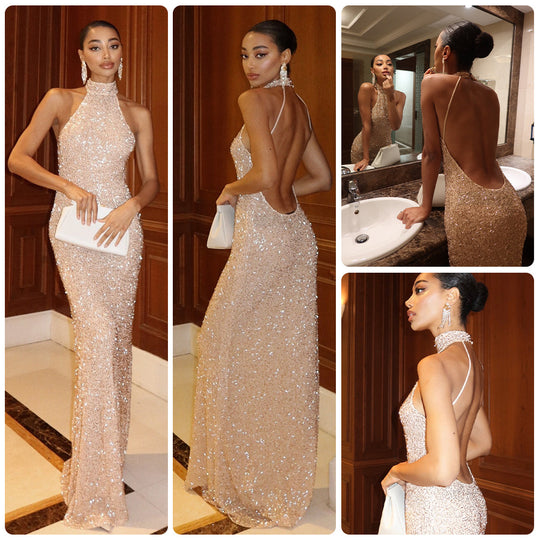 Damen Glamouröses Paillettenkleid mit elegantem Stehkragen und figurbetontem Schnitt EB