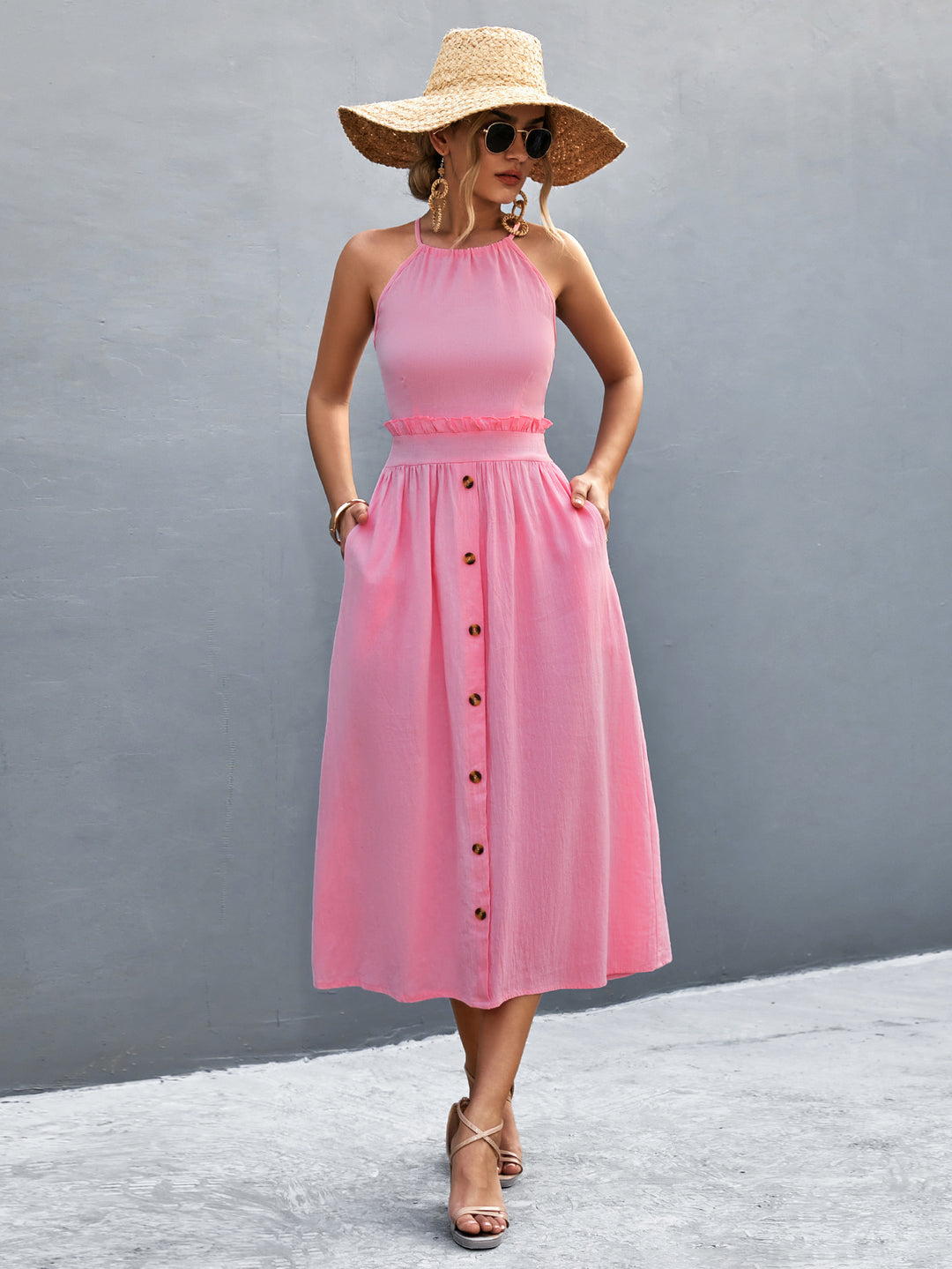 Damen Maxikleid mit hohen Trägern, elastischem Bund und dekorativen Knöpfen EB