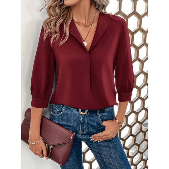Damen Elegante Viskosebluse mit 3/4-Ärmeln und V-Ausschnitt EB
